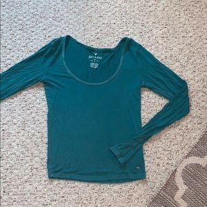 Turquoise Cotton Scoop Neck Long Sleeve Tee